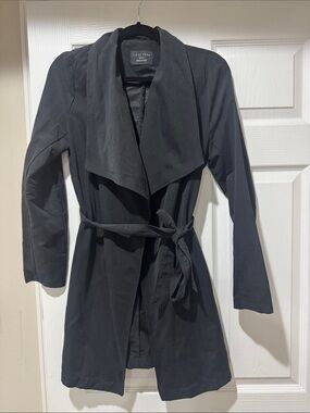 NWOT Love Tree Black Draped Trench Coat with Tie Waist